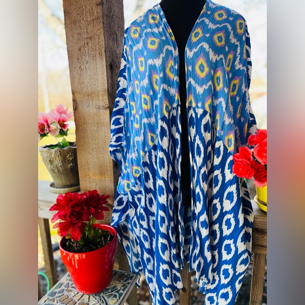 Kori America Oversized Loose Boho Gypsy Blue/Pink Soft Crepe Kimono Duster